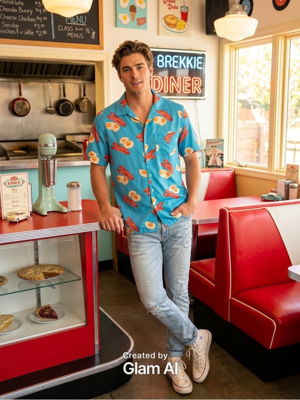 ALOHA Collection Blue Casual Short-Sleeve Button-Down with Breakfast Print